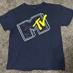 MTV Shirt — Medium — Navy Blue Retro Style Wavy Radio Log